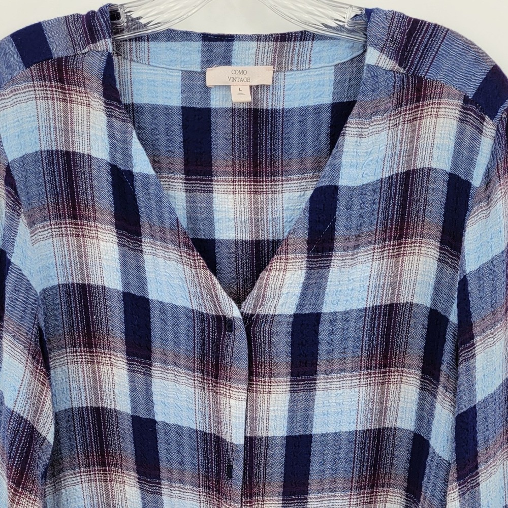 Como Vintage Woman's V Neck‎ Tie Front Plaid Rayon/Polyester Mix Shirt Size L